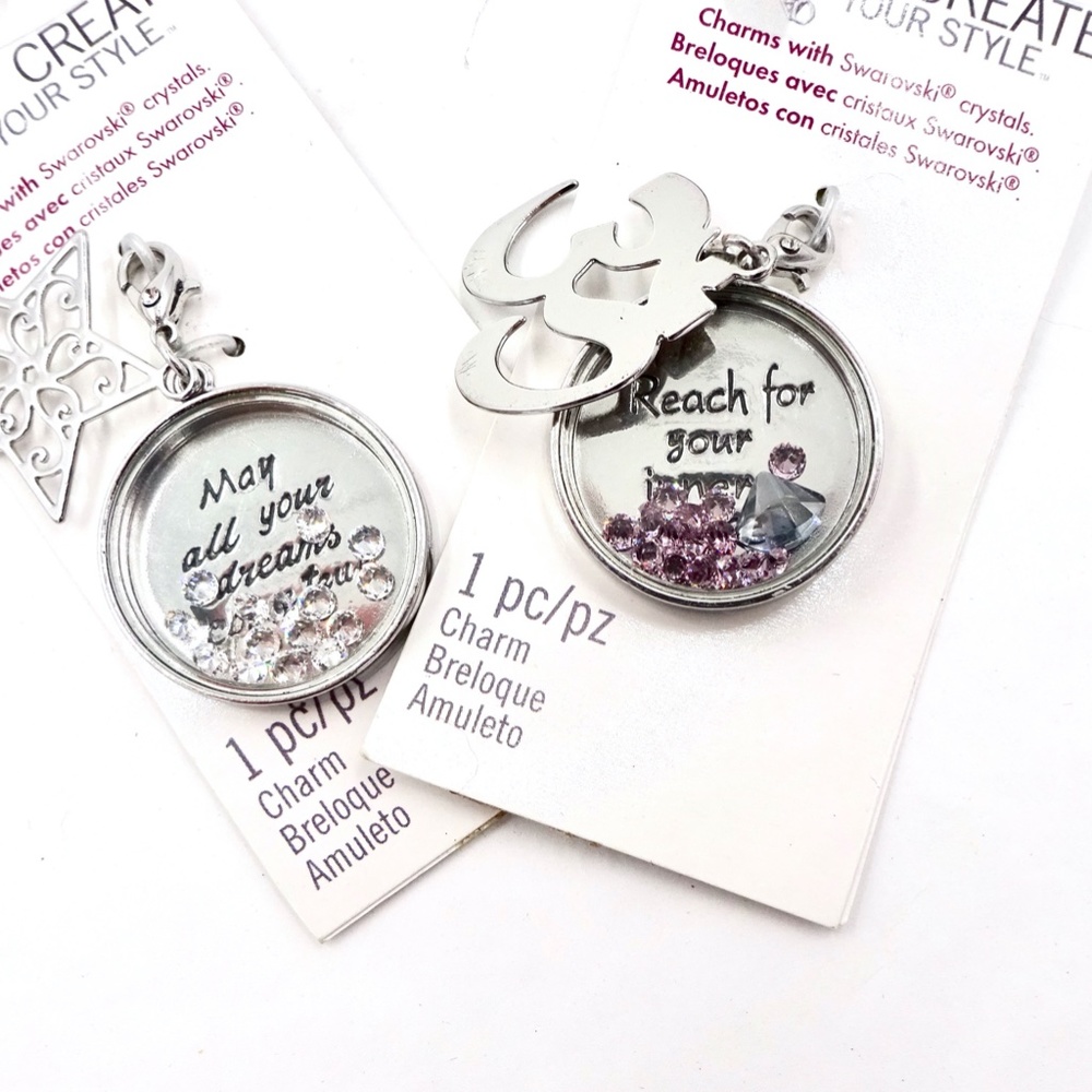 TWO SWAROVSKI CRYSTAL PENDANT CHARMS INNER PEACE DREAMS COME TRUE